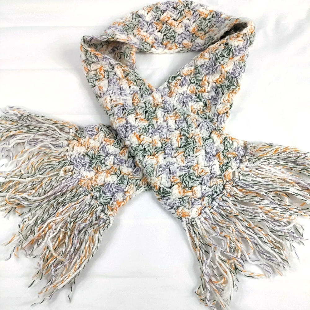 Crochet Multi-Colored Handcrafted Fringed Scarf 52"